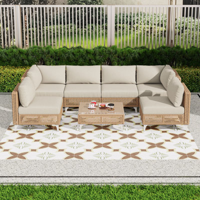 Ensemble de conversation modulaire d'extérieur pour patio 7 pièces, chaises modulaires en osier avec coussins et table basse en verre trempé