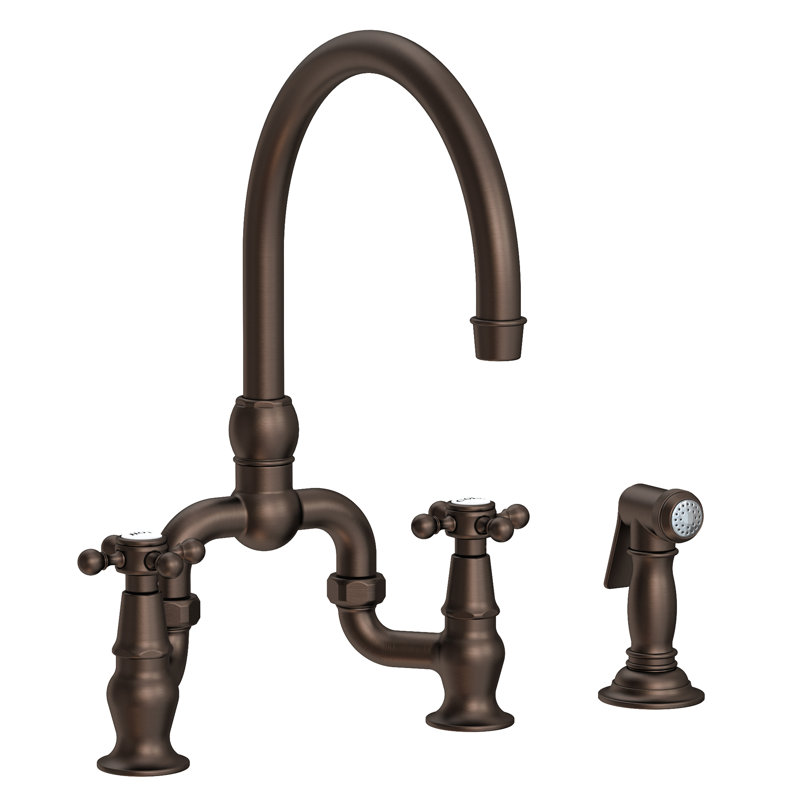 Chesterfield Kitchen Bridge Faucet with Side Spray, English Bronze, Knob/Cross Handle