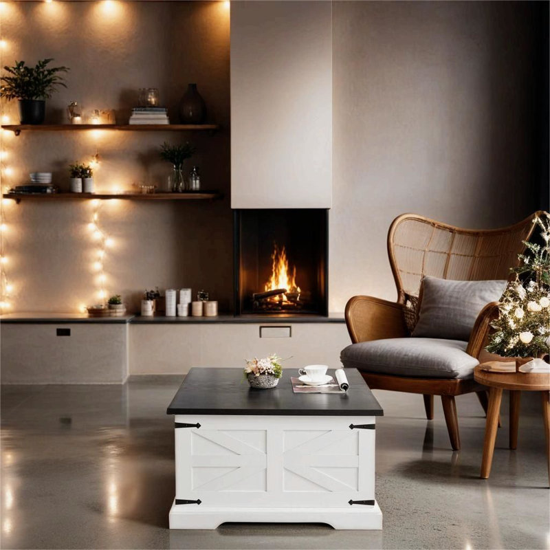 White and Black Square Wood Coffee Table with Hidden Storage