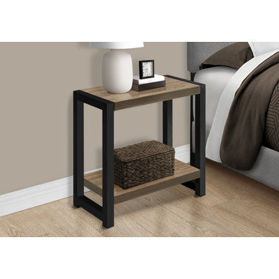 Table d'appoint, côté, bout, étroit, petit, 2 niveaux, salon, chambre à coucher, stratifié brun, métal noir, contemporain, moderne