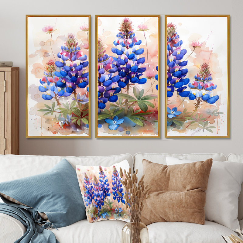 Bleu, rose, fleurs sauvages, Blue Bonnets Dreams II - Blue Bonnets, ensemble d'art mural, Cadre flottant doré