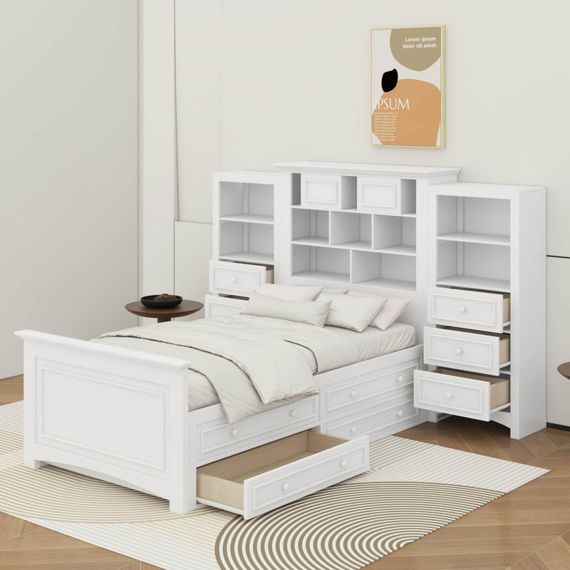 Lit plateforme simple en bois avec armoire et tiroirs, Blanc