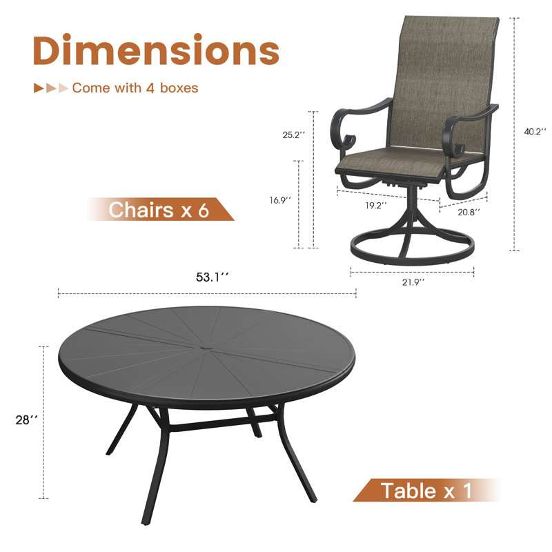 Ensemble de salle à manger en aluminium pour patio avec table de salle à manger ronde en aluminium de 53 po et 6 chaises pivotantes en textilène