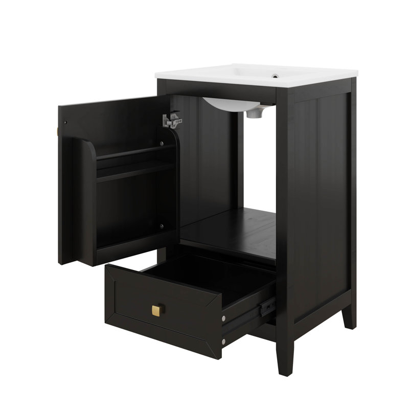 Armoire de meuble-lavabo autoportante 20 po avec lavabo et porte à fermeture silencieuse, Noir