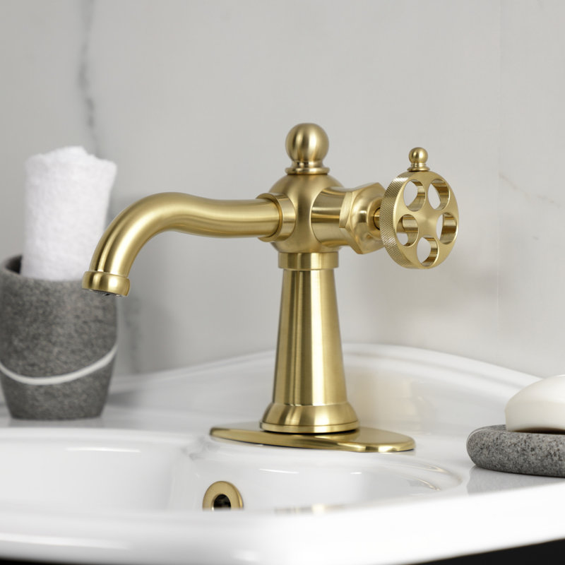 Kingston Brass Wendell Single-Handle 1-Hole Deck Mount Bathroom Faucet with Knurled Handle and Push Pop-Up Drain