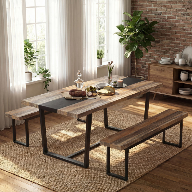 71" Rectangular Farmhouse Industrial-Style Dining Table, Brown