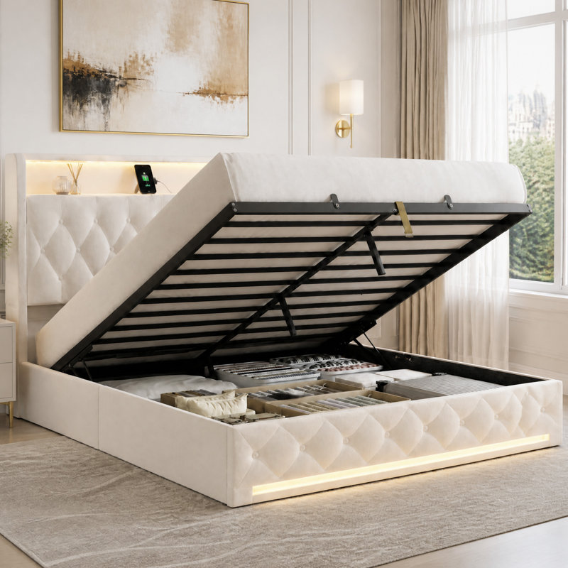 Lit plateforme avec rangement en velours avec tête de lit à oreilles, lumière DEL réglable et station de charge, Full, Blanc