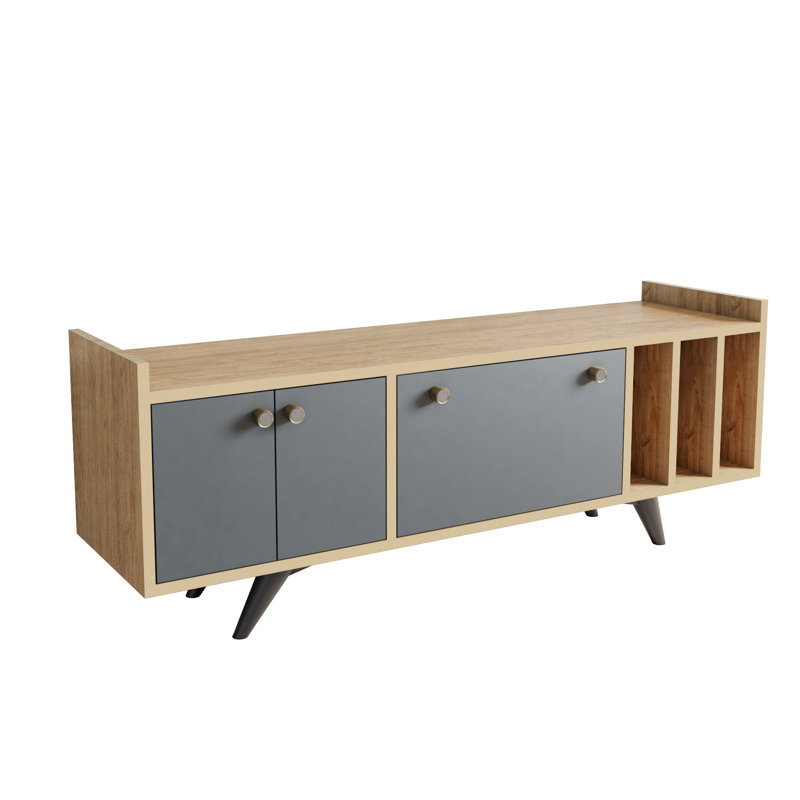 Meuble télé moderne avec finition anthracite et chêne, 59,1 po x 15,4 po x 15,7 po | 100% panneau de particules enduit de mélamine, 0,7 po d'épaisseur | Fixation murale, plusieurs tablettes, design scandinave pour des salons élégants