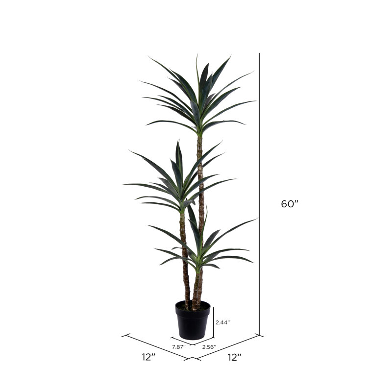 Artificial Green Yucca Tree in Black Planter Pot, 60" H x 12" W x 12" D