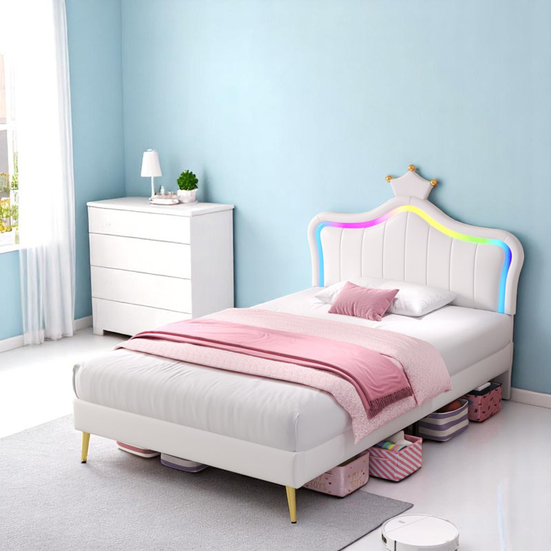 Cream White PU Leather Upholstered Bed With LED Adjustable Headboard, Single (103 x 196 cm)