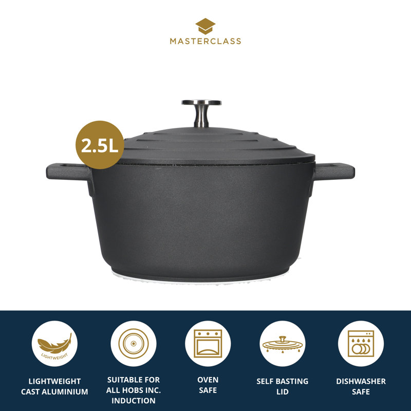 MasterClass Cast Aluminum Round Casserole, Black, 28cm / 2.5L