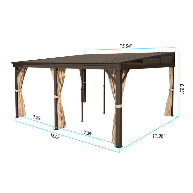 Lean To Gazebo, Hardtop Wall Mounted Gazebo With Sloping Galvanized Steel Roof, Aluminum Frame, Drainage System, Curtains And Netting, For Patio, Deck, Garden, Backyard