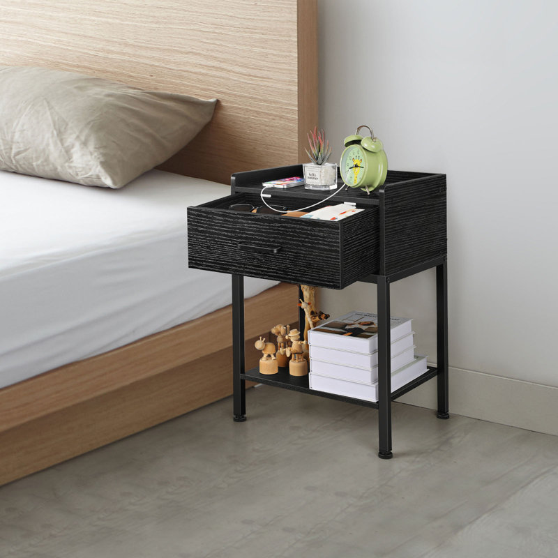 Table de chevet à 2 niveaux avec tiroirs et station de charge, Noir
