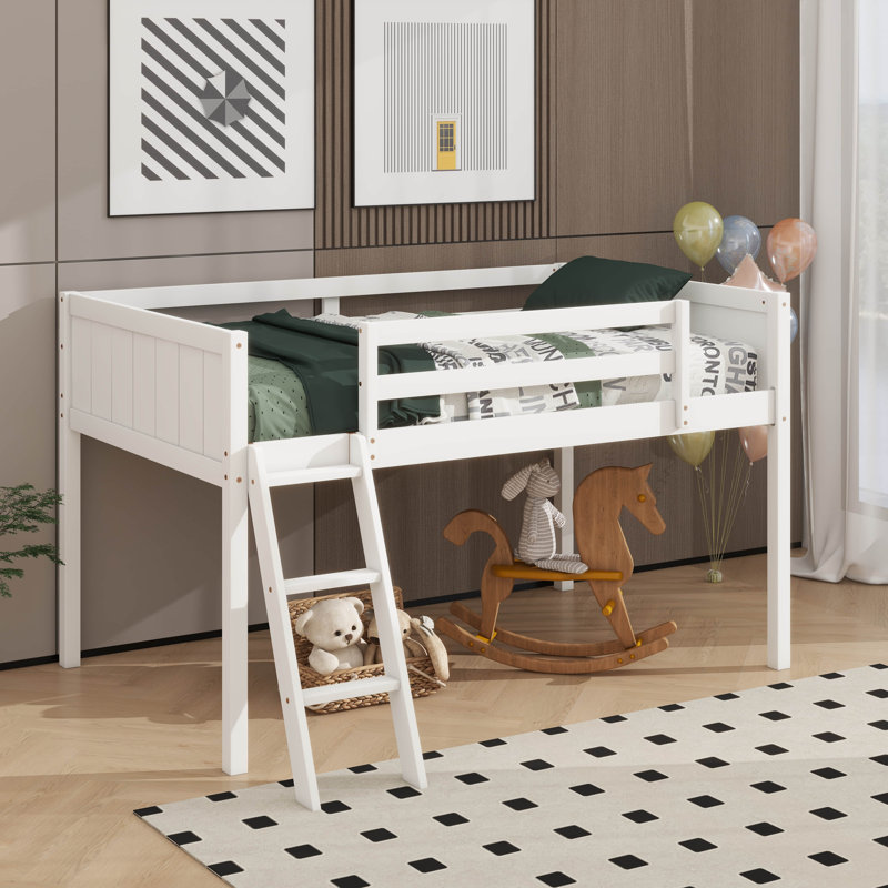 Lit mezzanine en bois avec échelle, Blanc, Double