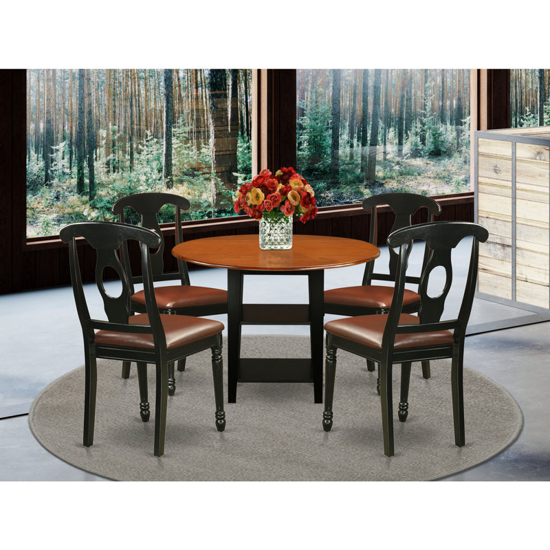 Ensemble de salle à manger ronde en bois massif noir et cerisier, Cinq articles : 1 table, 4 chaises