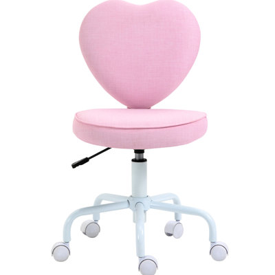 360 Degree Swivel Desk Chair In Pink With Adjustable Height And Heart-shaped Back, Linen Fabric Covering Office Wheels Seat Cover