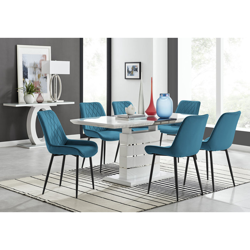 Ensemble de salle à manger extensible 6 places Everson, Bleu / noir, 7 pièces : table, 6 chaises