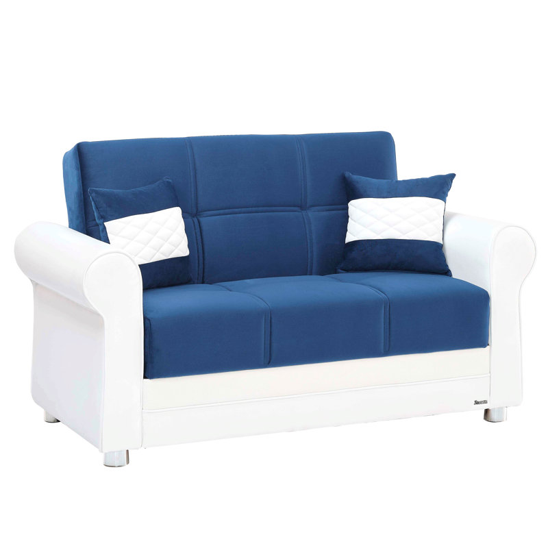 Causeuse convertible rembourrée avec rangement, pour le salon, la chambre à coucher, les petits espaces, Bleu / blanc