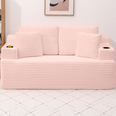 66.5" Boneless Cloud Couch, 2-Seater Floor Sofa with Cup Holder & Side Pockets, Corduroy Fabric Modern Low-Profile Couch No Assembly Required for Small Space