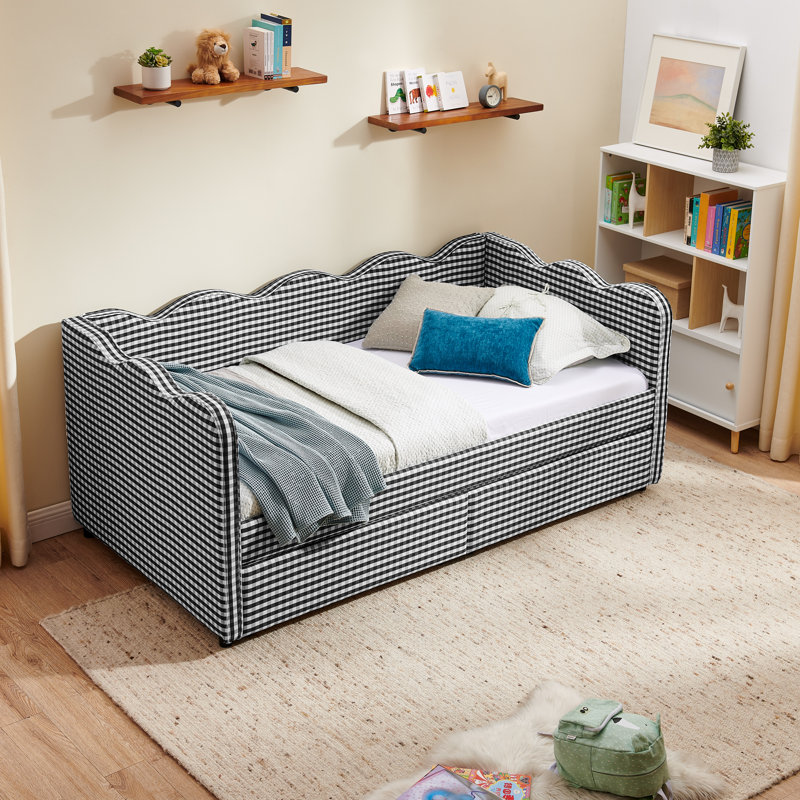 Twin Size Daybed with Two Storage Drawers, Cozy Gingham Sofa Bed with USB Port and Wave Shaped Linen Fabric, Black, Twin