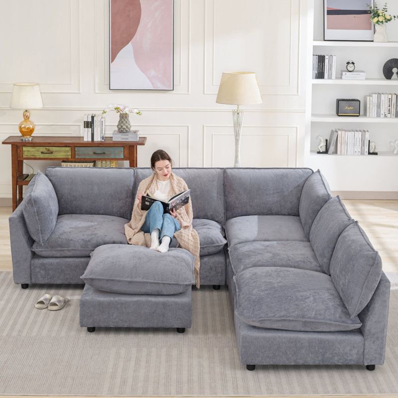 Canapé modulaire 6 places Heffernan, Chenille gris-bleu