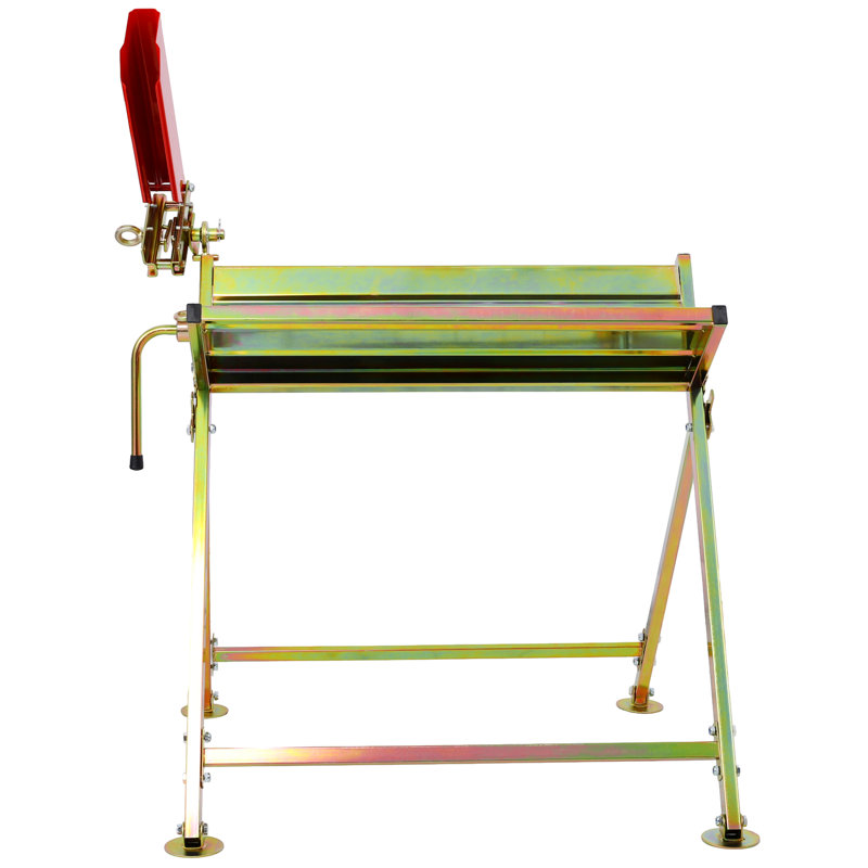 Chevalet de sciage pliable en acier argenté avec support pour tronçonneuse et barre de mesure.