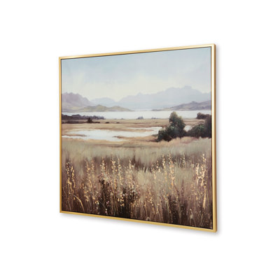 Art mural encadré, toile peinte 40 x 40, paysage de montagne au bord du lac