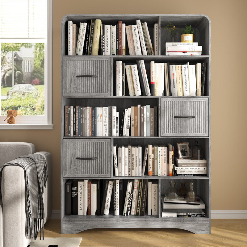 70" Tall Bookshelf and Bookcases with Storage 3 Bins,  5 Tier Tall Bookshelf with Open Display Shelves,  Grey, Gray