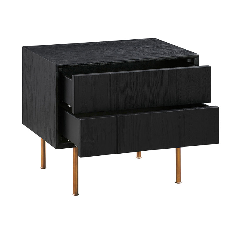 Table de chevet 2 tiroirs Carnaby en chêne brossé noir et bronze