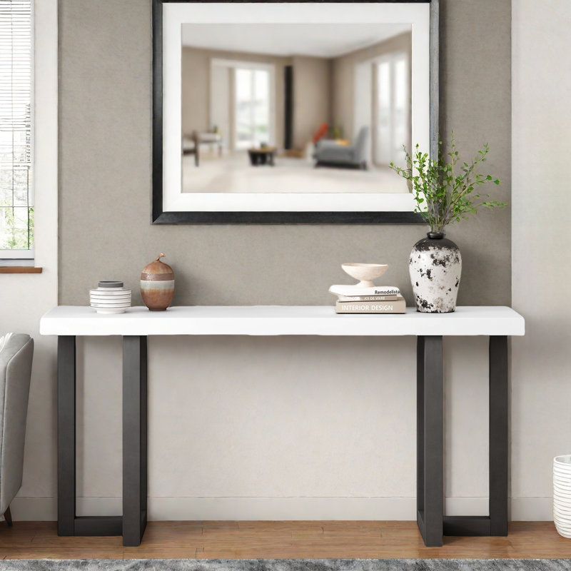 Modern Console Table With Geometric Design And Wood Legs, White
