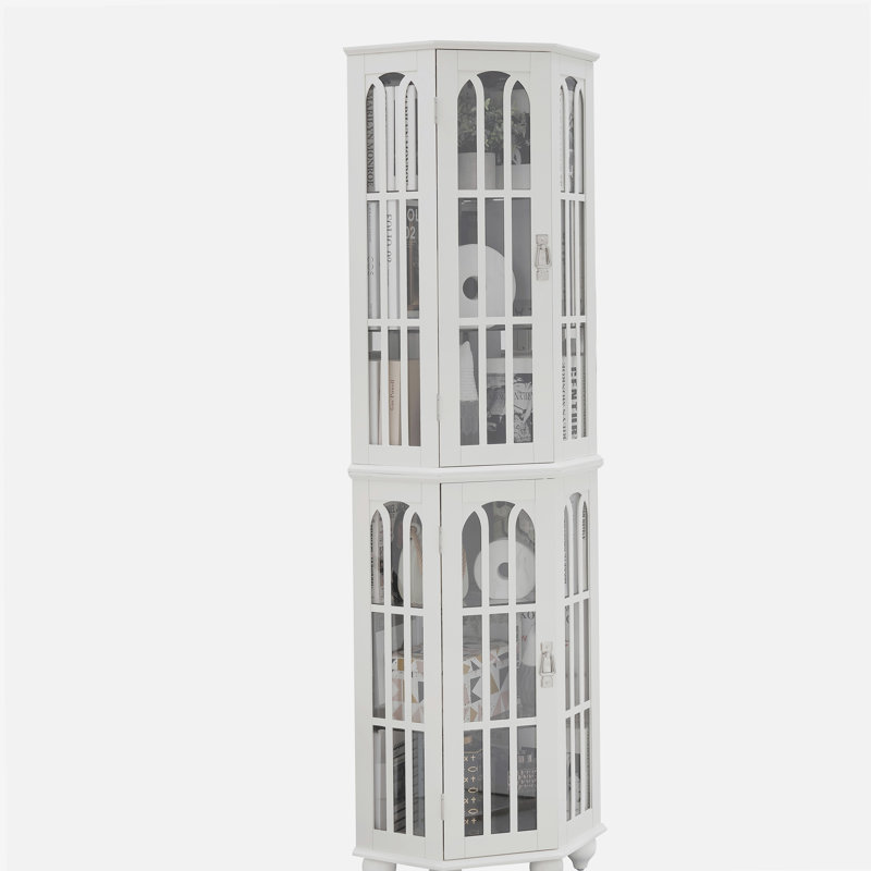Vitrine de coin avec 4 tablettes réglables en verre trempé et système d'éclairage, pieds en bois massif, panneau arrière en miroir en acrylique (ampoule E26 non incluse)