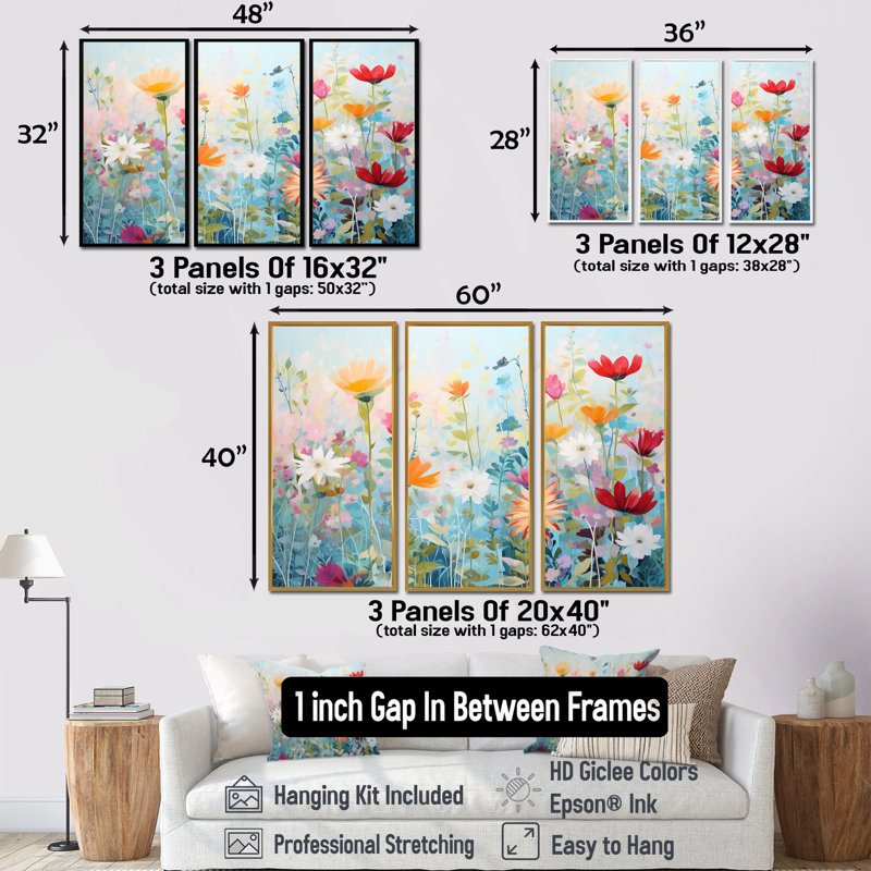 Ensemble de salon Meline - Fleurs sauvages, Encadrement argenté, H 40 po x l 60 po x P 1 po