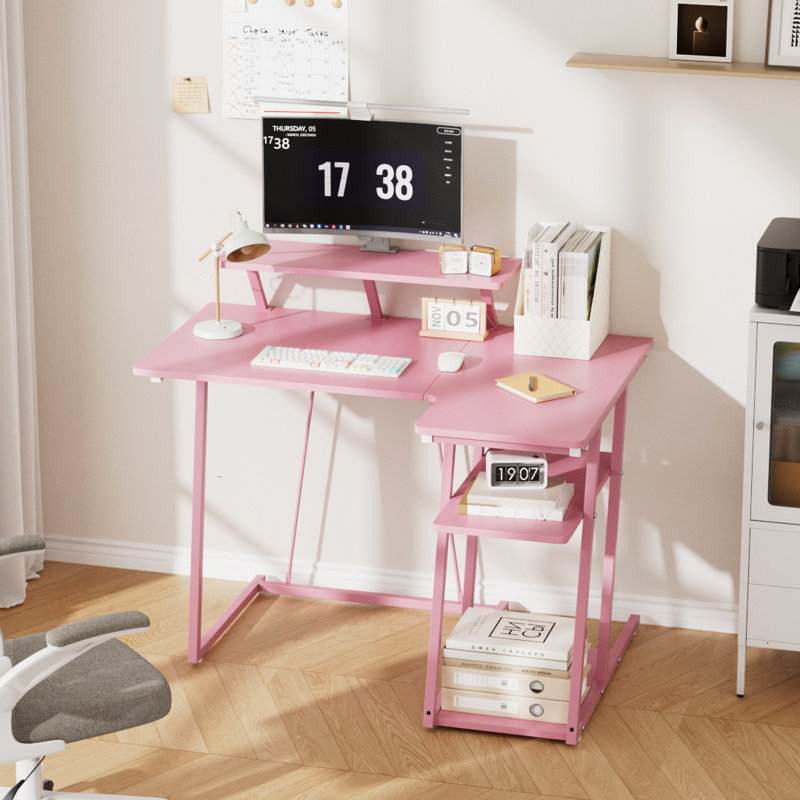 Pink Gaming Desk Office Desk with Monitor Stand
