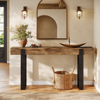 63-Inch Long Solid Wood Sofa Console Table Behind the Couch, Metal Support, Farmhouse Entryway Furniture for Entrance, Hallway, Living Room, Rustic Brown & Black
