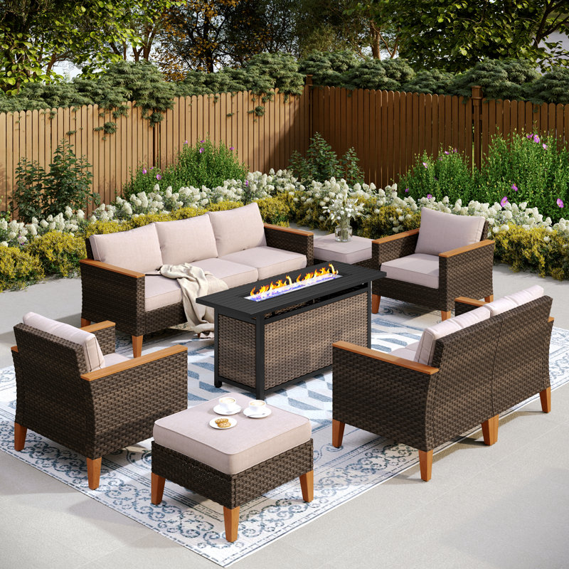 Argyri 9-Piece Wicker Outdoor Patio Conversation Furniture Sectional Set with Fire Pit Table, Yes, Beige