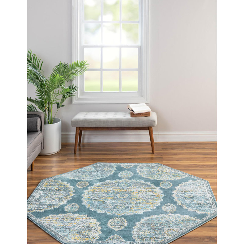 Tapis oriental en polypropylène tissé à la machine en turquoise / gris / jaune, Octogone 8 pi 2 po x 8 pi 2 po