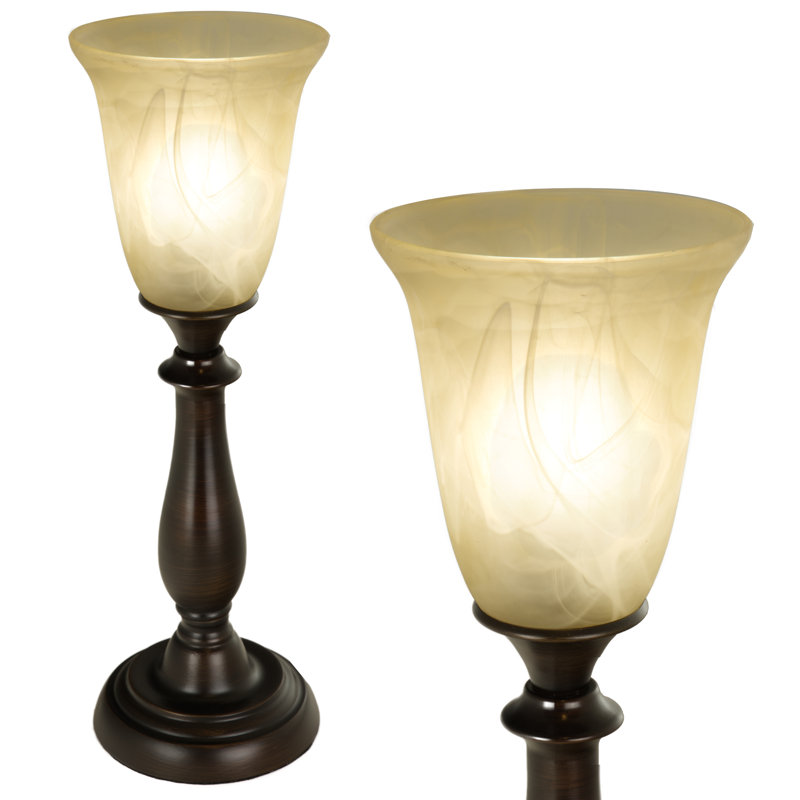 Lampe de table rustique en bronze avec abat-jour en verre albâtre marbré