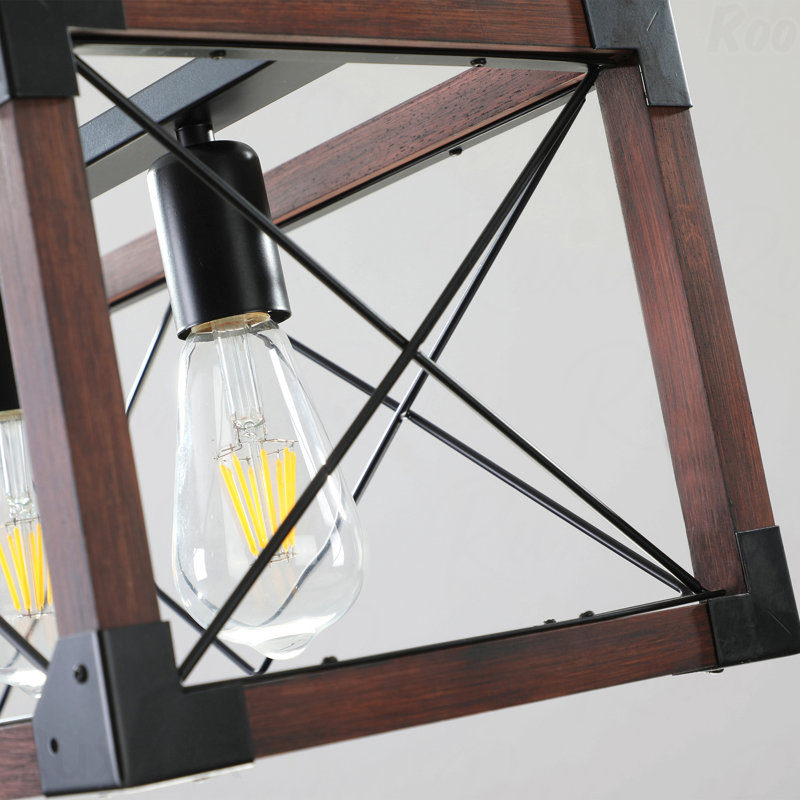 Luminaire suspendu rectangulaire en bois et industriel de style industriel 32 po à 5 lumières Chandelier