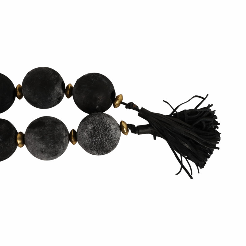 Decorative Glass Beads with Metal Accent and Leather Tassel for Home Decor - Elegant Garland for Table, Shelf, and Living Room Decoration - Black & Gold