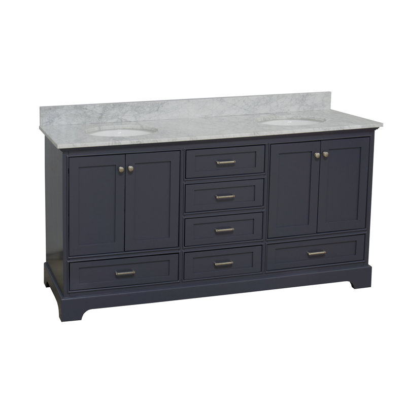 Ensemble de meuble-lavabo double 72 po Larosa, Gris marine, Marbre de Carrare