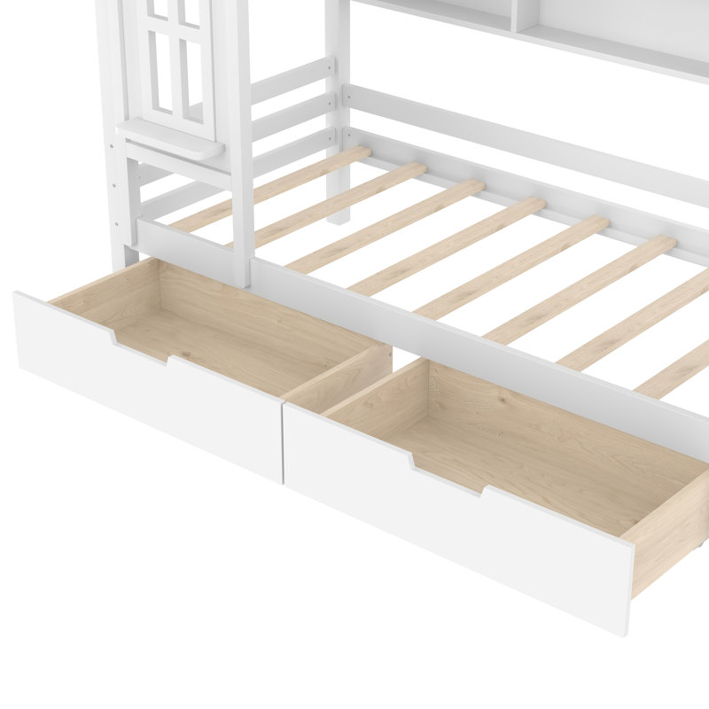 Twin House Beds With Storage Drawers And Window, Solid Wood House Platform Bed Frame With Shelves, For Kids, Girls, Boys, No Spring Box Needed And Childlike Design, White
