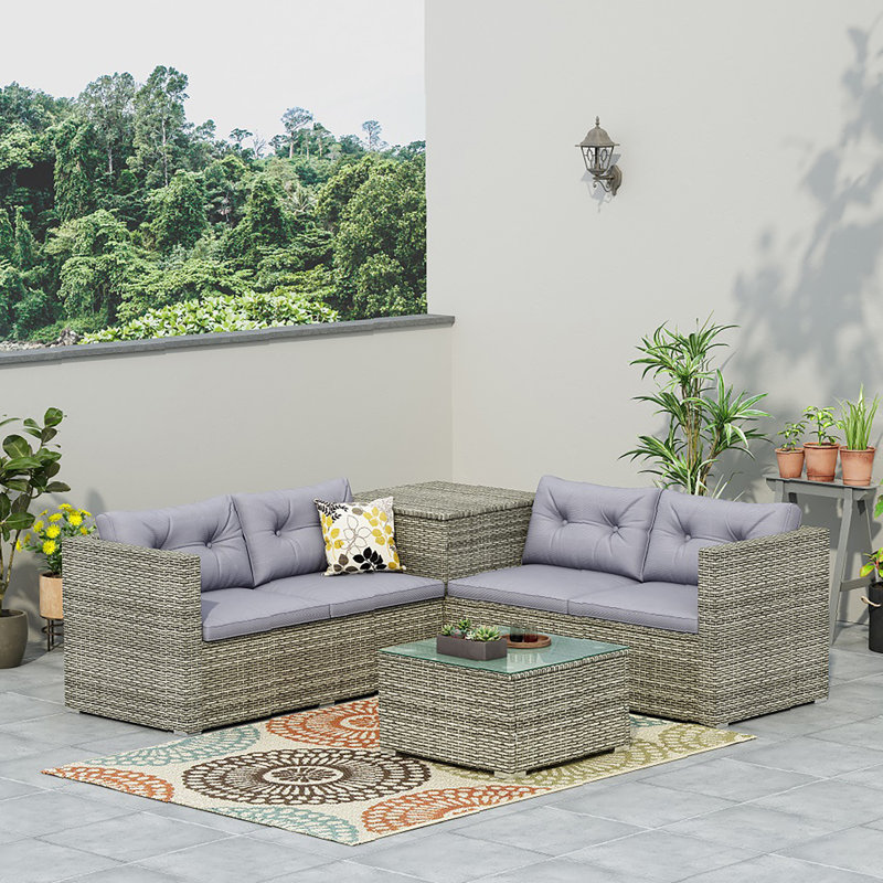 4-Person Outdoor Seating Group with Cushions, Storage Box and Table, Grey