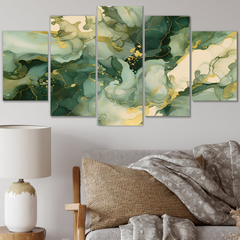 «Green Luxury Abstract Fluid Art I - Fractals Wall Decor», 5 panneaux