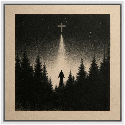 Croix religieuse, silhouette de forêt dans le ciel nocturne, toile encadrée, impression murale d'art pour chambre principale