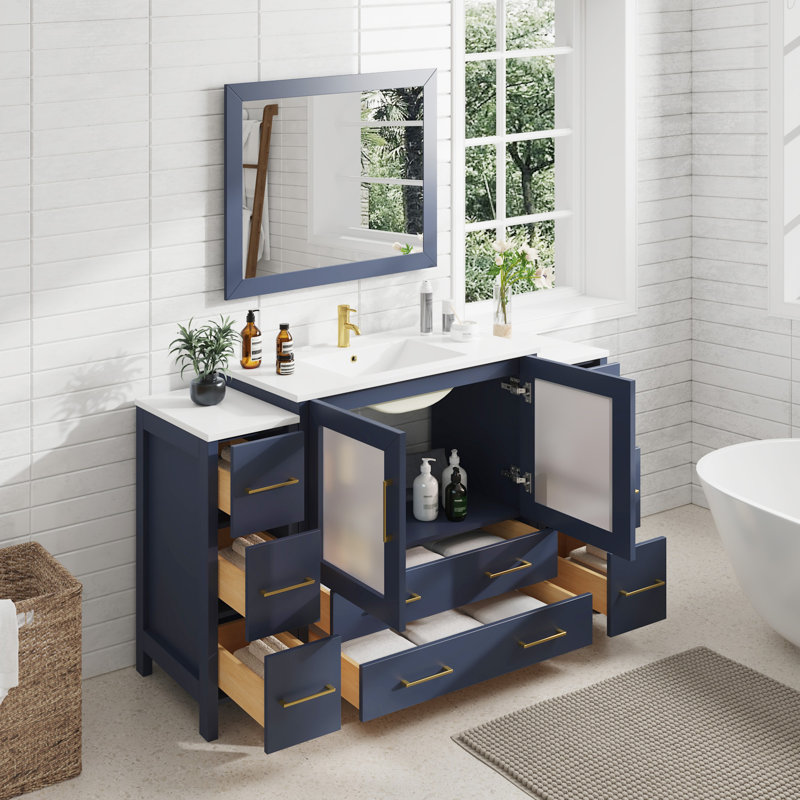 Ensemble de meuble-lavabo autoportant 60 po avec plateau en céramique et miroir assorti Brescia, clair