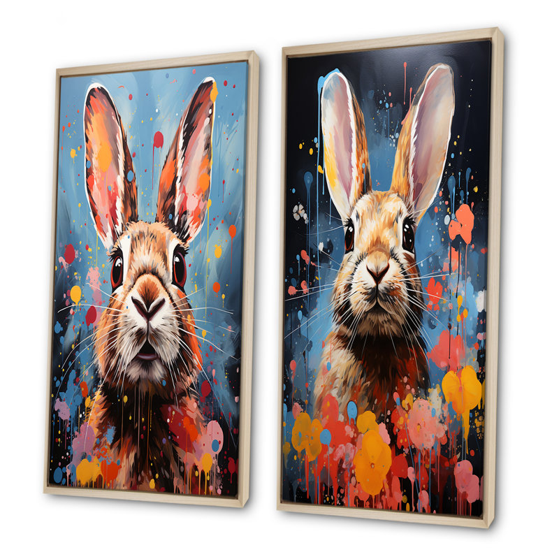 Pop Art Portrayal Of A Rabbit Hues - Rabbit Canvas Prints Set Of 2, 32" H x 33" W, Brown Floater Framed