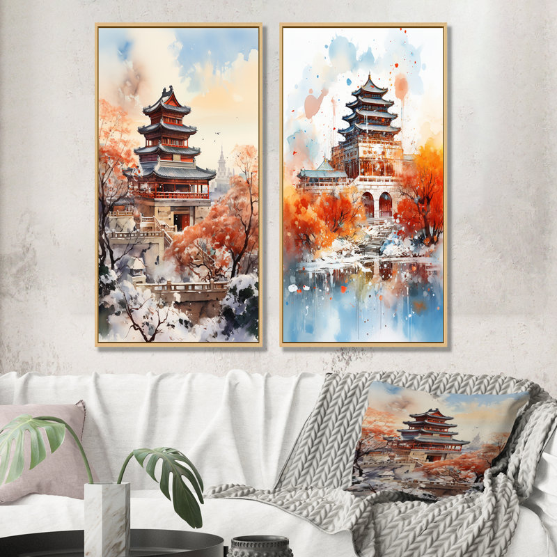 Ensemble de 2 décorations murales chinoises Pékin, Encadrement brun, H 28 po x l 25 po