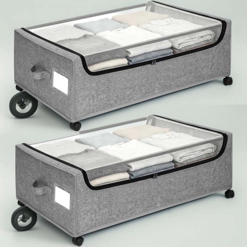Under Bed Storage Containers With Wheels And Clear Lids, 2-Pack Extra Large Rolling Storage Bins, Metal Frame Organizer For Clothes, Shoes, Toys, And Seasonal Items