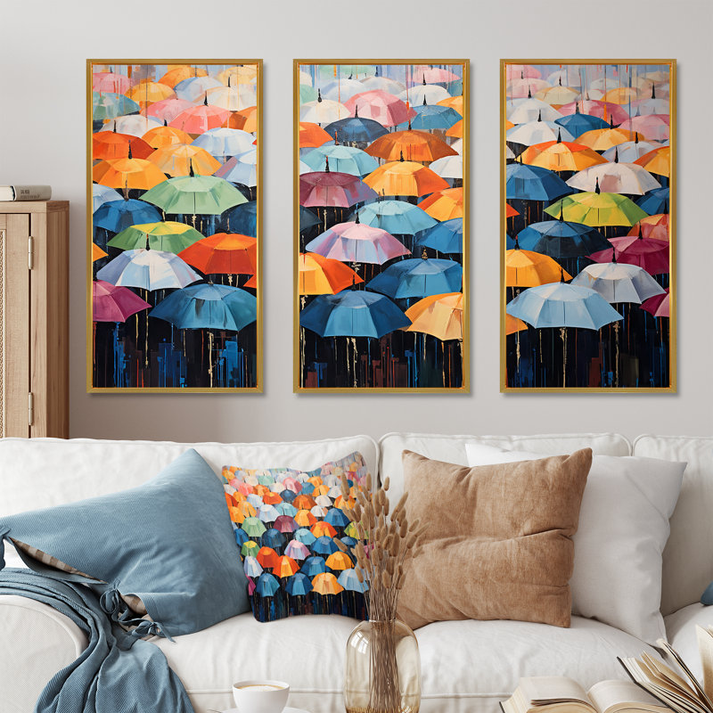 Ensemble de décorations murales Rainbow Umbrellas Collage I - Sky, Cadre flottant doré, H 28 po x l 36 po x P 1 po