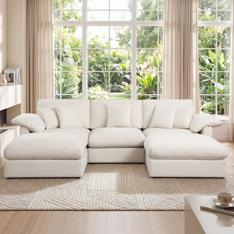 Canapé d'angle surdimensionné avec deux chaises, Beige Fabric